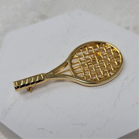 Tennis Racquet Pin Brooch Gold Sports Pin - Picture 4 of 7